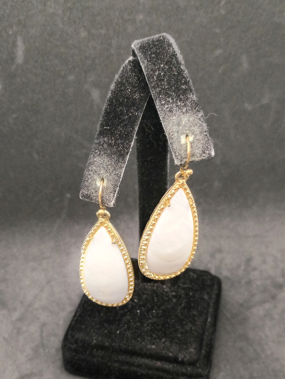 Gold Teardrop Earrings with White Inlay